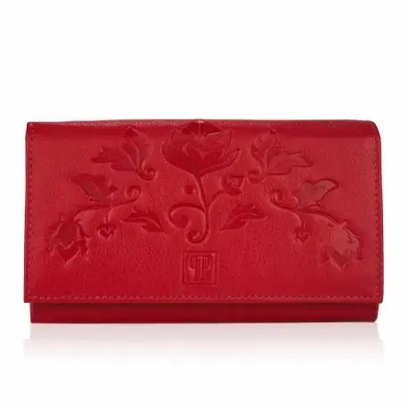 Skórzany portfel damski czerwony tłoczenie w kwiaty